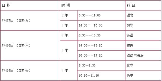 全国多省份2020年中考时间表