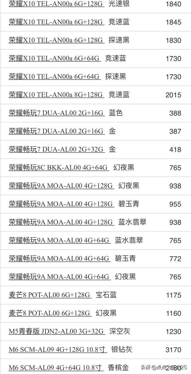 今日荣耀手机报价