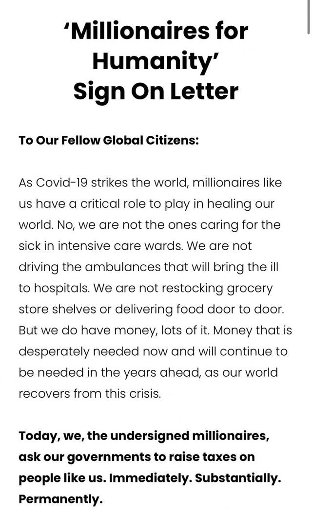 83名世界富豪发布“抗疫”联名信，求政府“给我们加税吧，我们有的是钱”