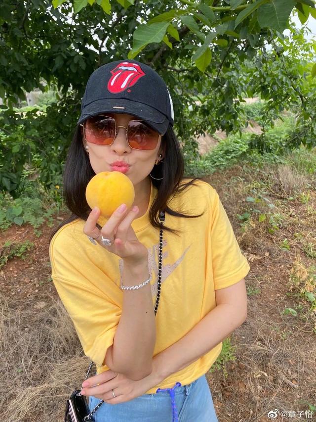 汪峰一家四口上山摘桃，章子怡小腹平坦，小苹果身高赶上妈妈