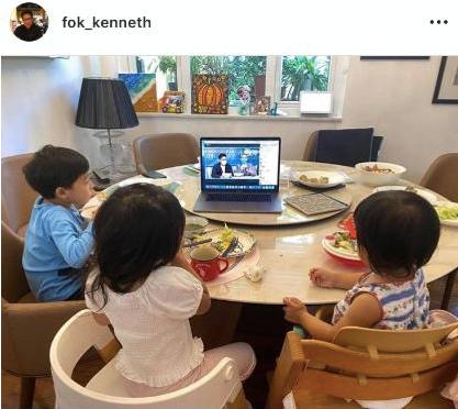 霍启刚又晒仨娃同框照，大女儿穿泡泡袖甜美，