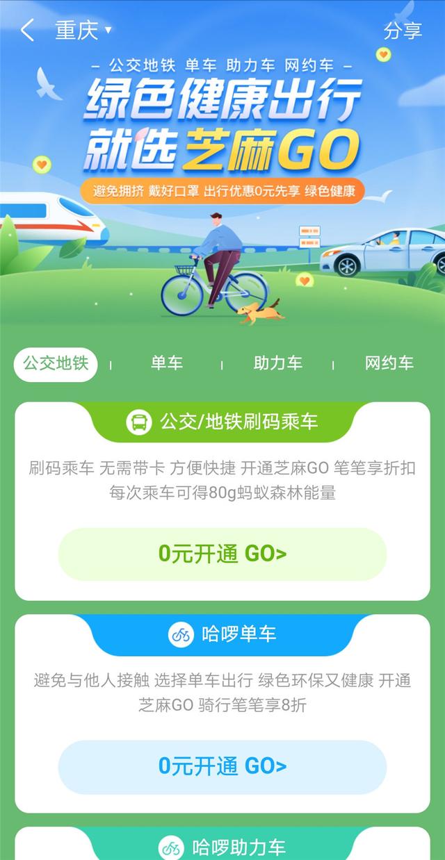 支付寶芝麻信用分又有新功能，開通芝麻GO，乘坐公交地鐵打8折