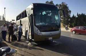 Travel bus assaults glass near Egypt pyramid by explosion residual scatter full ground