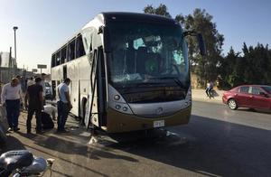 Travel bus assaults glass near Egypt pyramid by explosion residual scatter full ground