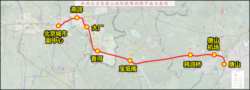 河北省廊坊市,天津市宝坻区,河北省唐山市,终至既有唐山站,线路长约