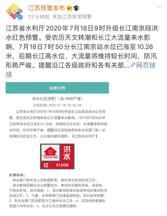 最新！长江南京段洪水红色预警！