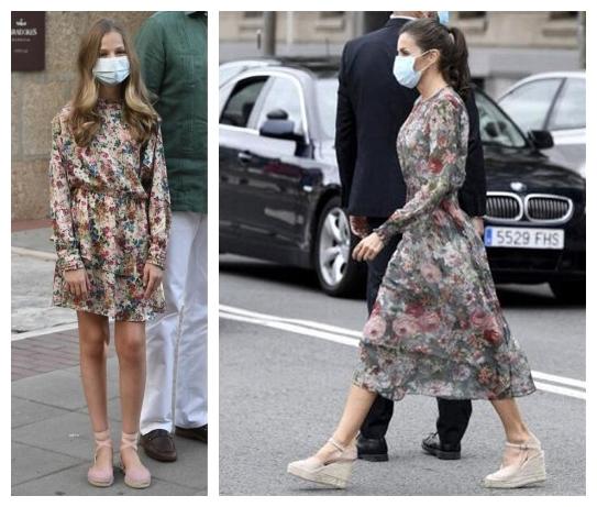 西班牙王室穿夏装出游，大公主随爸穿父女装，小公主拄拐棍跟妈亲