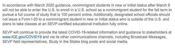 移民局新规：如果课程完全线上学习 美国境外留学生不被允许入境