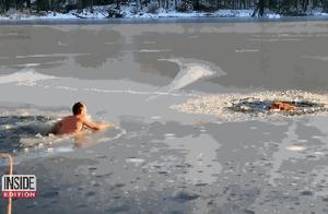 45岁男子裸身跳冰湖救两条陌生狗？网友：酷寒战士