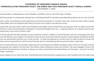 美国大选｜奥巴马、卡特、克林顿发文祝贺拜登和哈里斯胜选