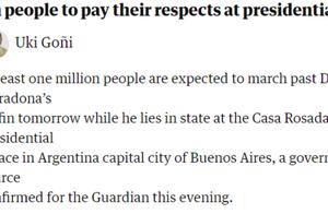 阿根廷政府将为马拉多纳举行国葬，预计百万人将参与