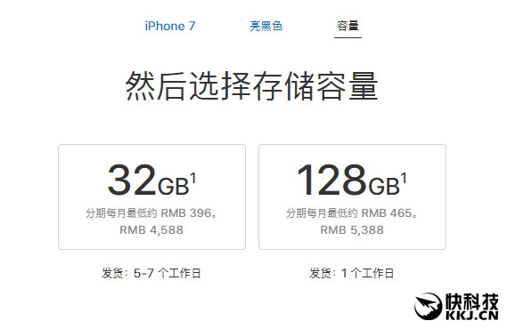 苹果iPhone 7/7 Plus亮黑款增加32GB 价钱跌至4588