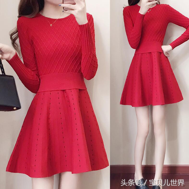2017秋装新款女装韩版显瘦修身长袖针织连衣裙
