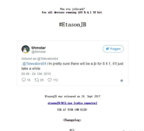 网络黑客tihmstar公布了iOS 8.4.1完美越狱专用工具EtasonJB！32位系统福利？