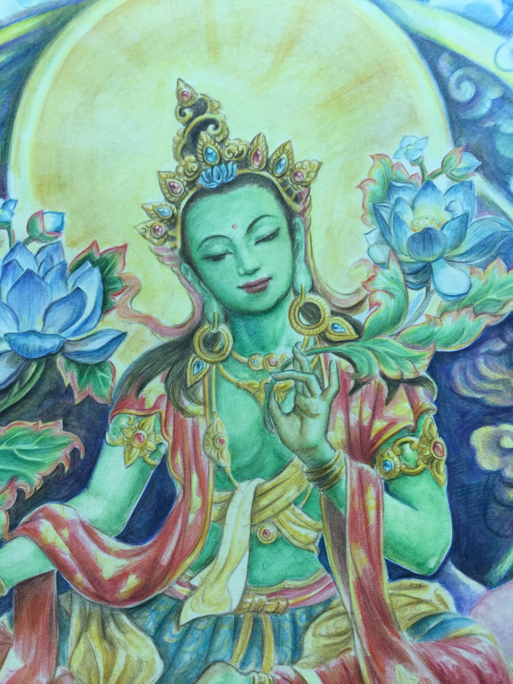 绿度母佛像唐卡彩铅画日记已完成并赠送