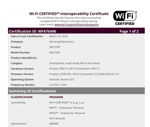 三星J8(2018)得到WiFi联盟验证 用自己CPU