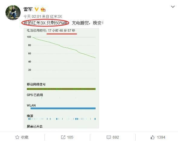 小米雷军哭着说:我的红米3X不行，用了18钟头只剩余50％电！