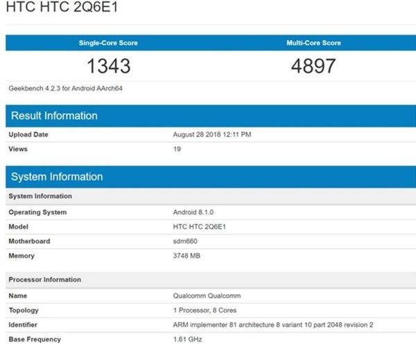 HTC新手机亮相GeekBench 扶持骁龙660