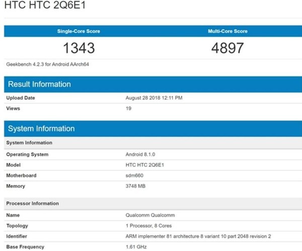 HTC新手机亮相GeekBench 扶持骁龙660