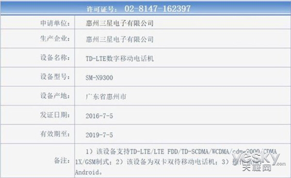 三星Note7中国发行版入网许可证:三网通和全网通
