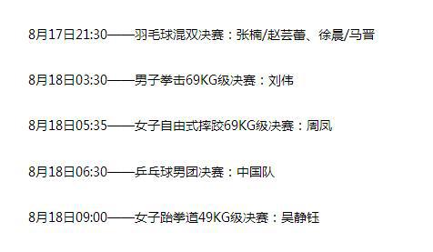 里约奥运，中国代表团比赛时刻表