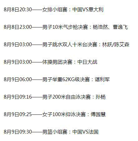 里约奥运，中国代表团比赛时刻表