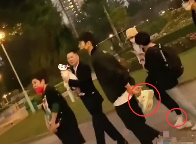 向华强祖孙三代在公园散步，向佐帮郭碧婷拎鞋
