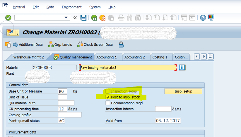 SAP QM 物料主資料QM檢視裡欄位MARC-INSMK的更新