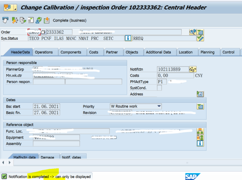 SAP PM 初级系列21 - 一个技术关闭的维修工单不能再被修改了