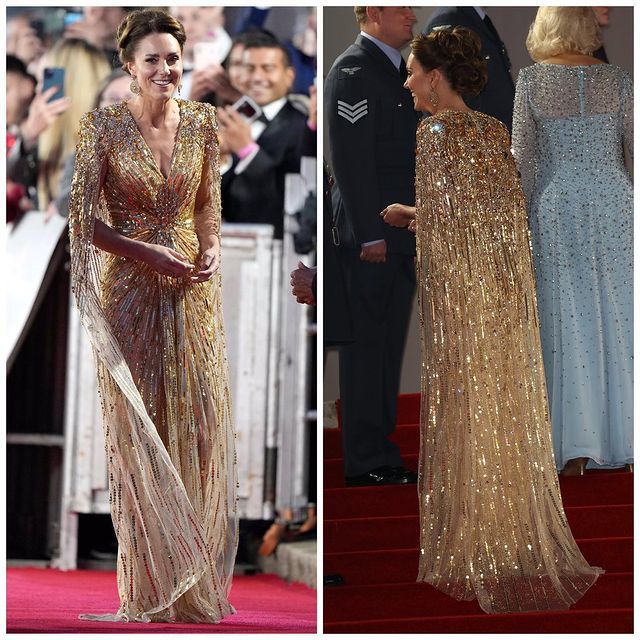 凯特王妃惊艳首映，金色斗篷裙令邦女郎失色，“最丑007”赞可爱