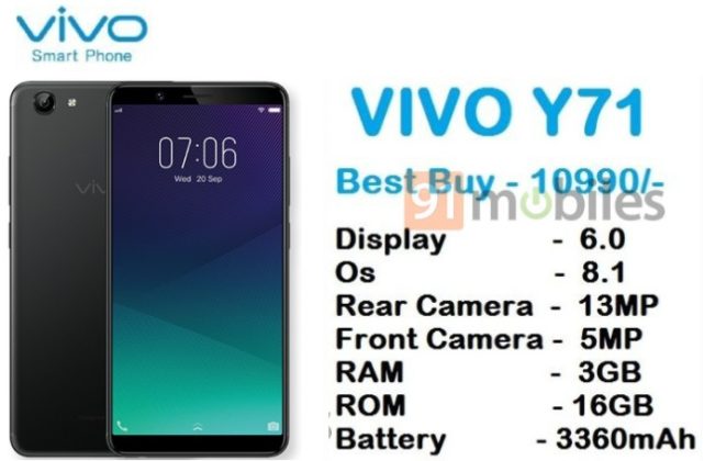 vivo Y71手机上现身，配搭骁龙450CPU、3GBRAM、Android8.1系统