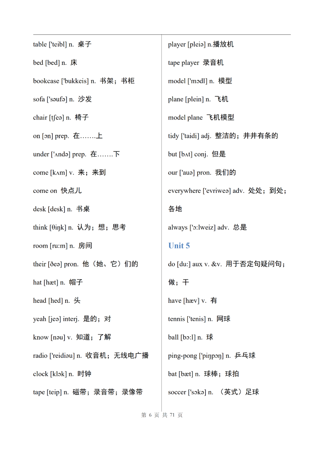 初中英语七年级上册电子单词表整理，可打印下载