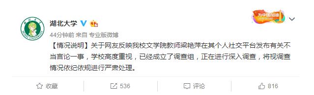 湖北大学教师梁艳萍因发涉港等言论被除党籍