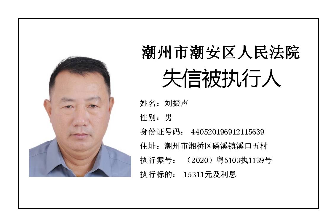 潮州市潮安区人民法院发布2020年第五批失信被执行人公告