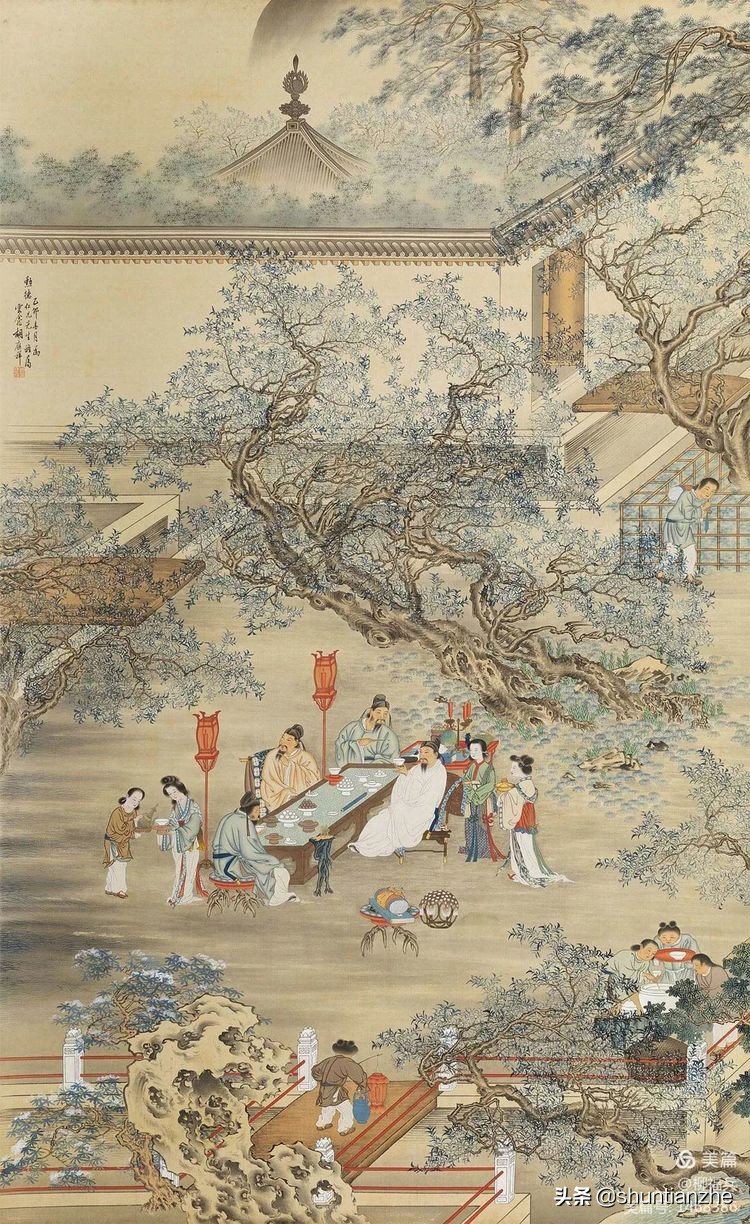 名家山水人物画《夜宴桃李园》欣赏