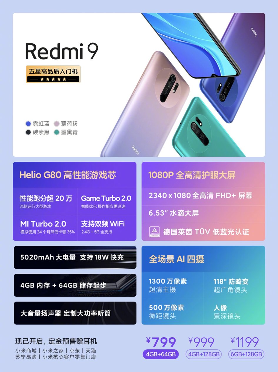 超低价交友！Redmi 9 市场价宣布官方宣布：799 元起