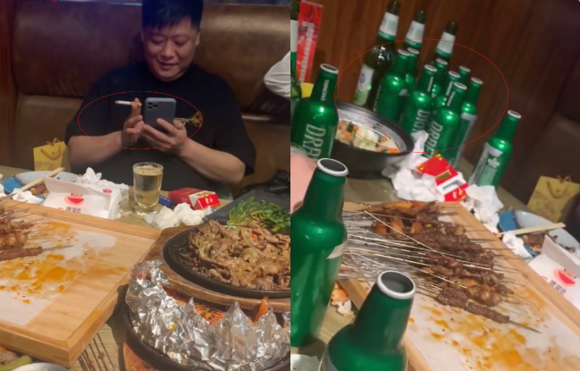 “谢永强”现身酒局撸串，手夹名烟姿势霸气，发福明显胖出双下巴