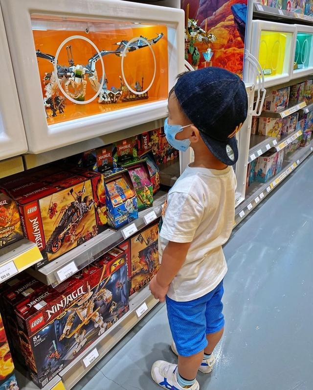 胡杏儿儿子进乐高店只看不买，逢人问好绅士有礼貌，妈妈直呼骄傲