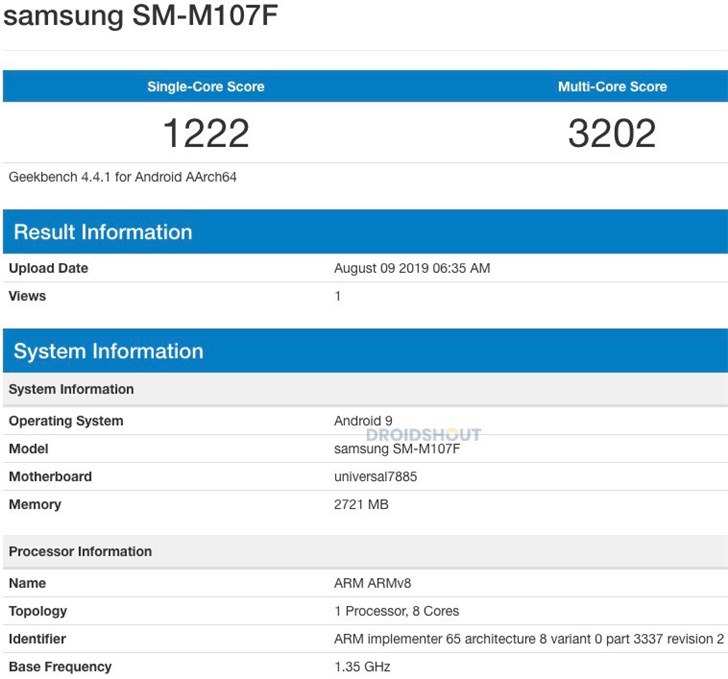 三星Galaxy M10s亮相Geekbench，配用Exynos 7885