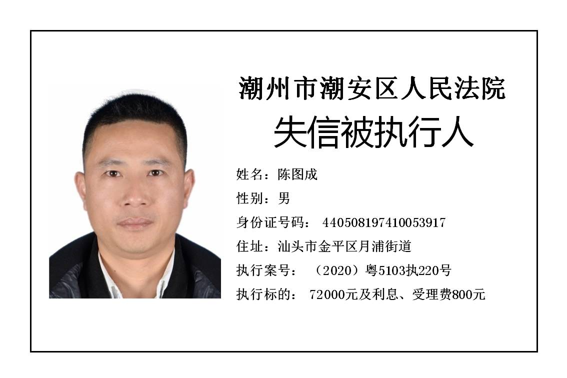 潮州市潮安区人民法院发布2020年第五批失信被执行人公告