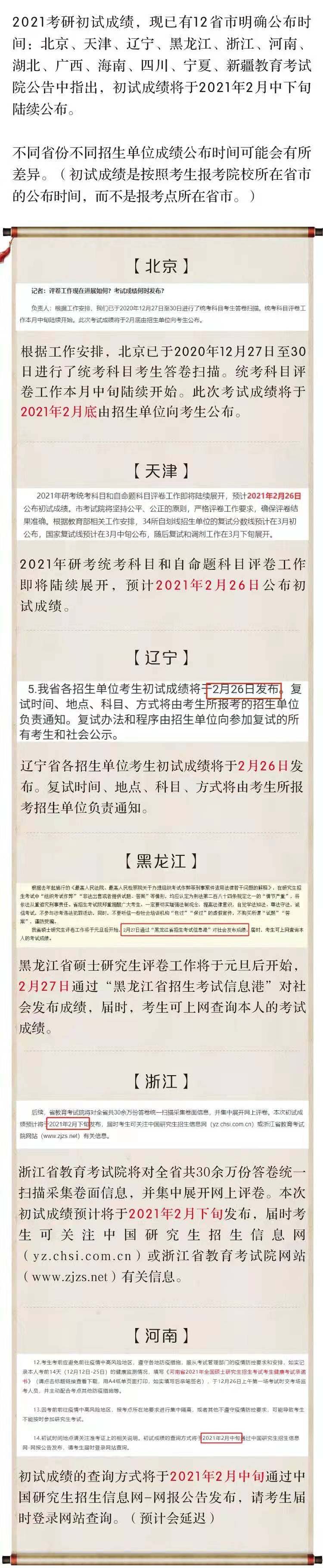 @考研人！2021考研初试成绩，已有部分省市确定公布时间