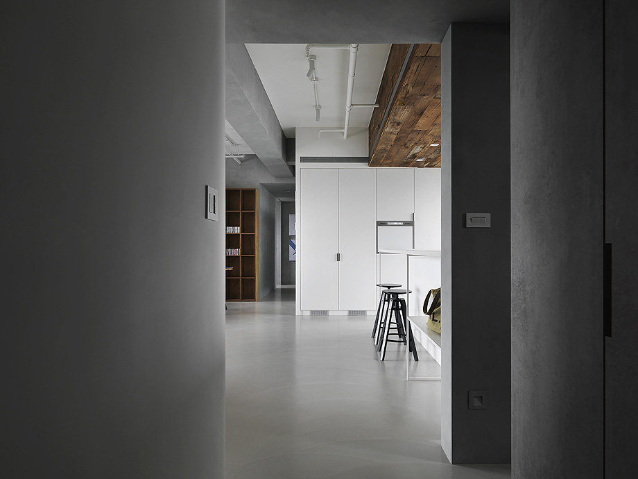 一枝傲梅冷寒中，木顶皮椅点褐红，119 m²极简公寓