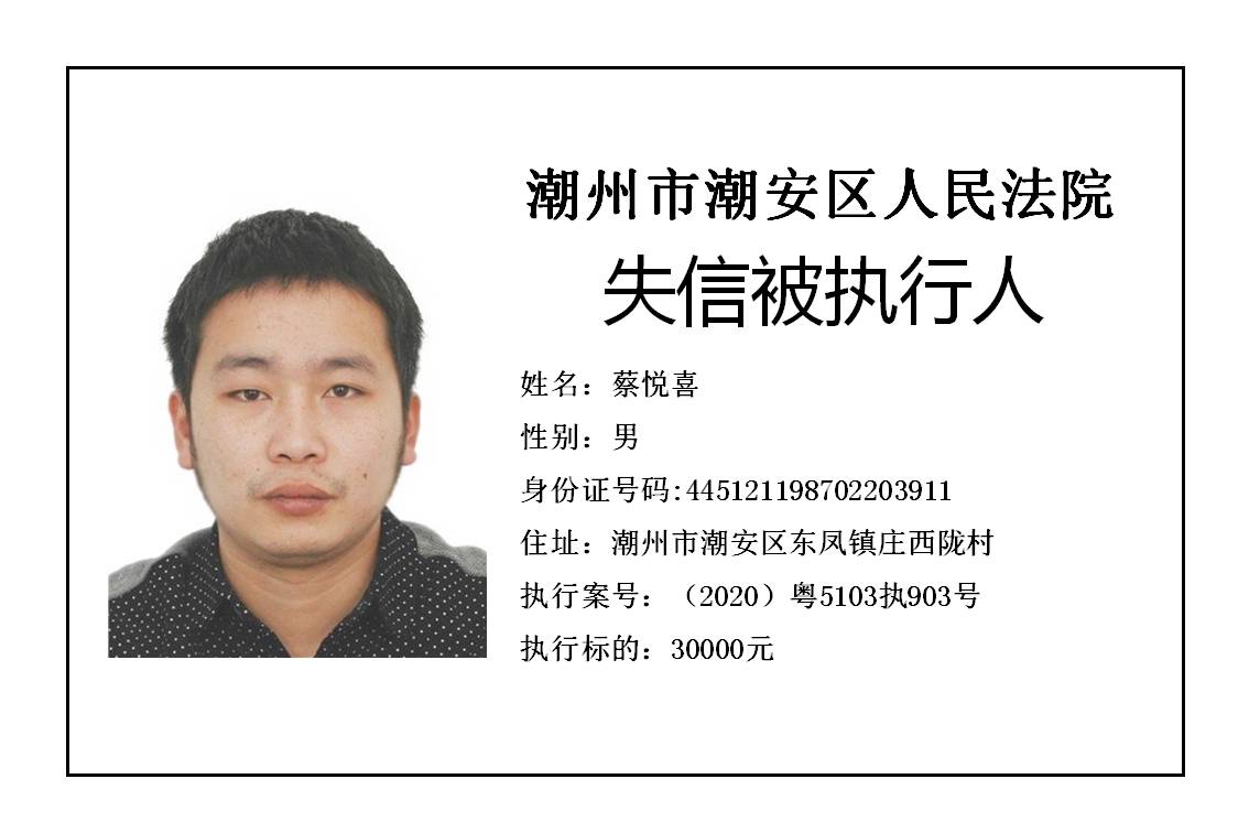 潮州市潮安区人民法院发布2020年第五批失信被执行人公告