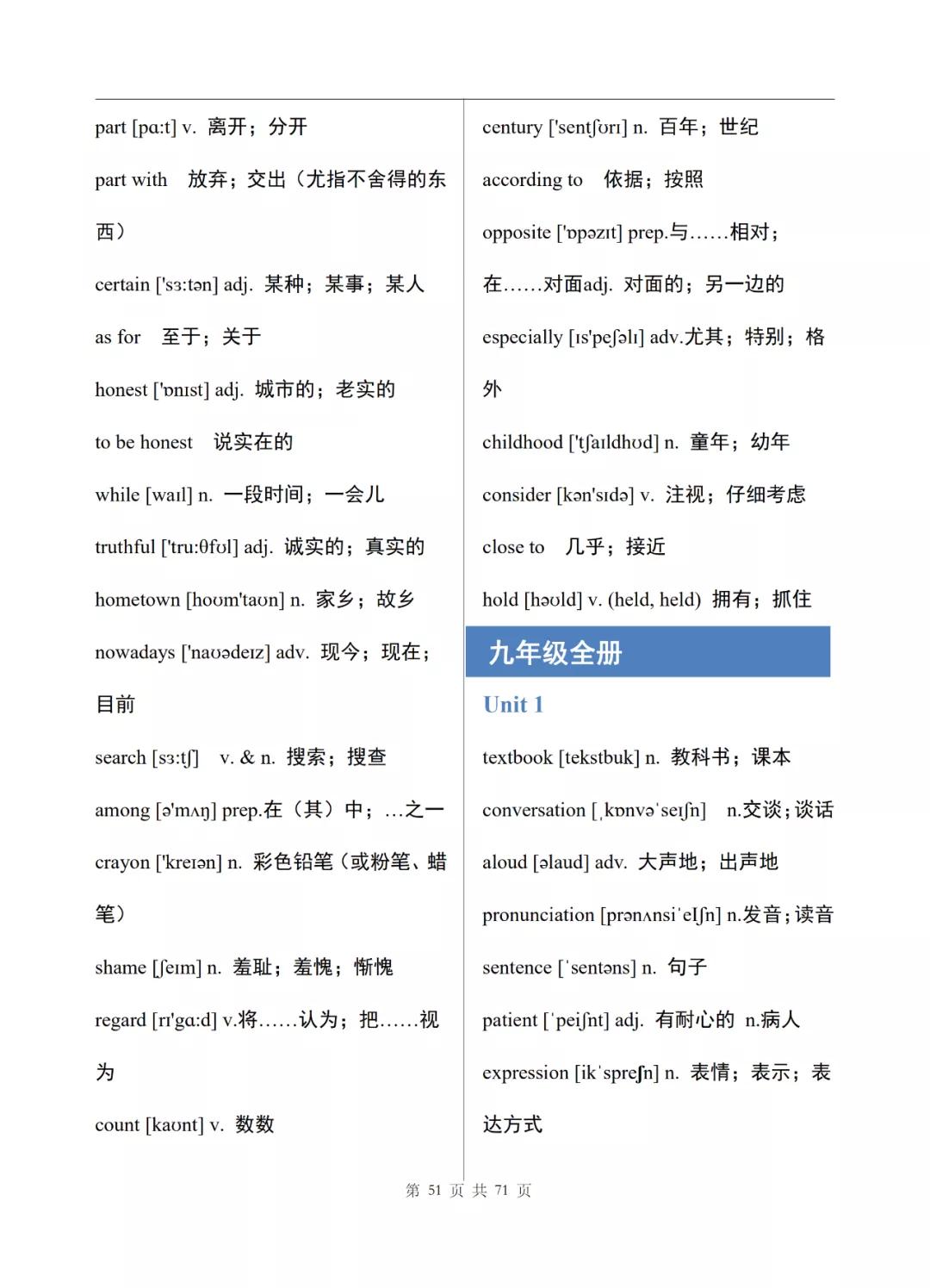 初中英语七年级上册电子单词表整理，可打印下载