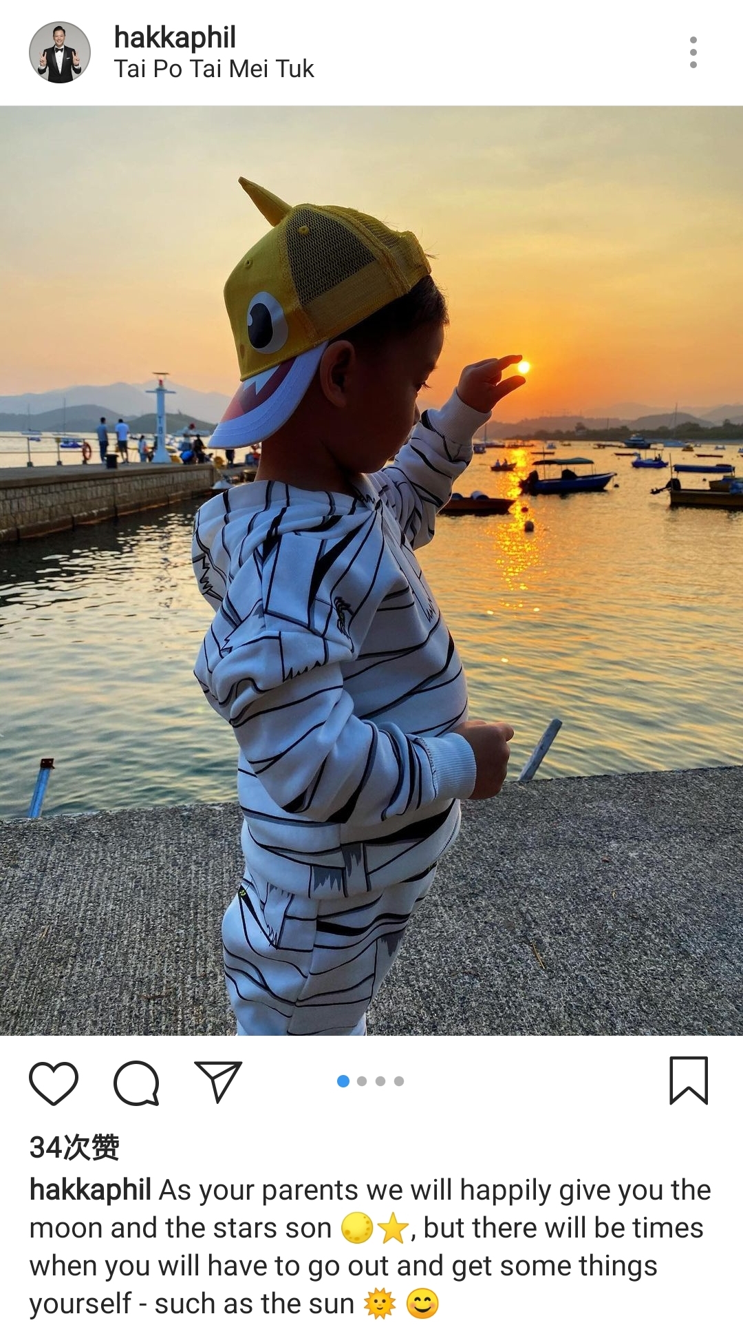 胡杏兒老公曬與兒子碼頭玩耍照，奕霆徒手“摘”夕陽，創意又溫情