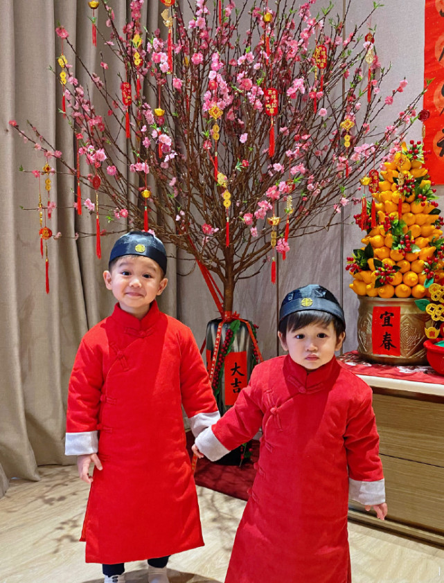 胡杏兒老公帶倆兒子拜年，奕霆奕霖穿喜慶紅裝，手拉手賣萌超可愛
