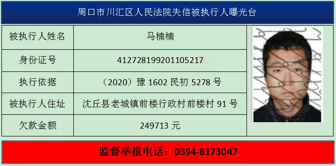 周口市法院曝光川汇区、扶沟和西华21名失信被执行人