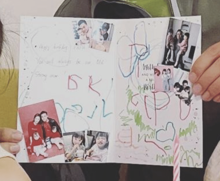 郭可颂晒全家福庆生，高调示爱熊黛林，双胞胎女儿手绘卡片送爸爸