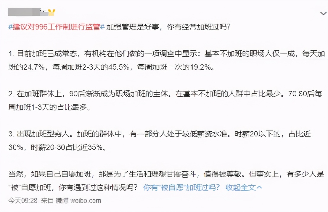 加班现象泛滥的今天，终于有人建议对996工作制进行监管