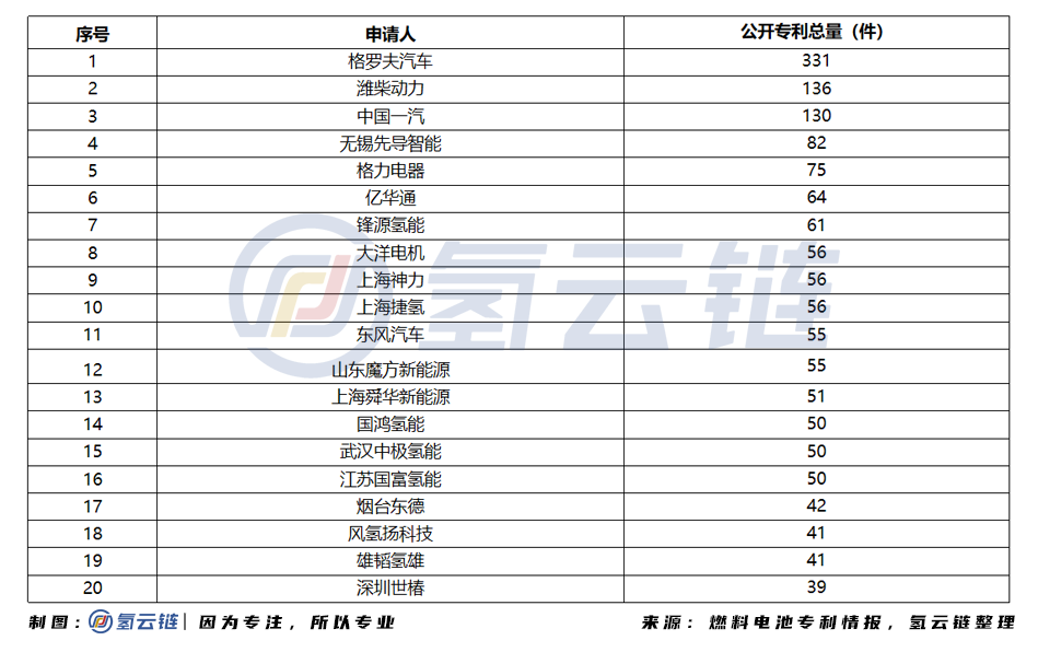 2020氢能企业公开专利排名：G-Power风氢扬踏浪前来